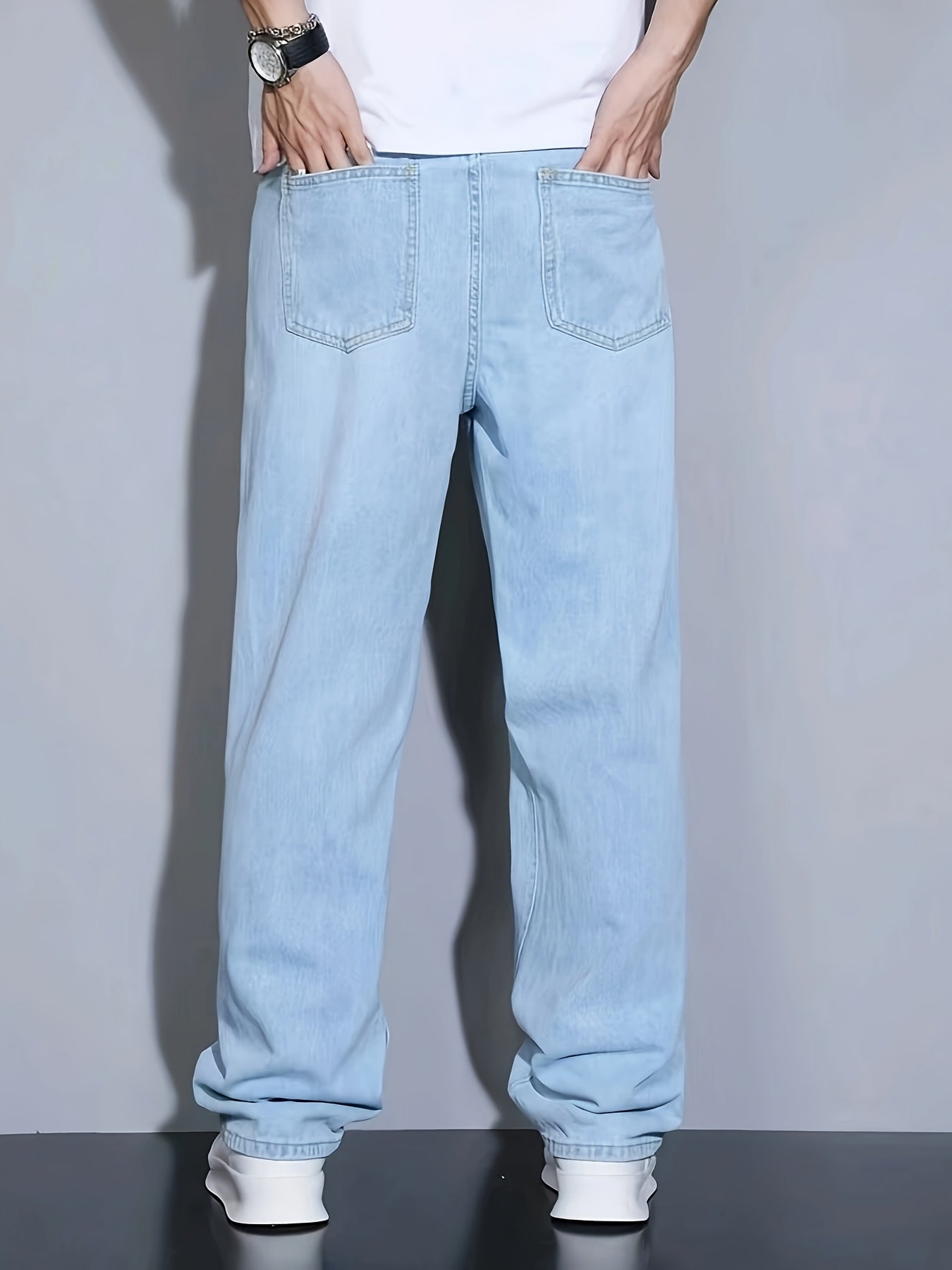 Men's Slim Fit Blue Jeans - All-Season, Non-Stretch Denim, Mid-Rise, Zip Closure, Casual Streetwear Style, Machine Washable, Yearround Wear|Sleek Jeans|Glossy Finish