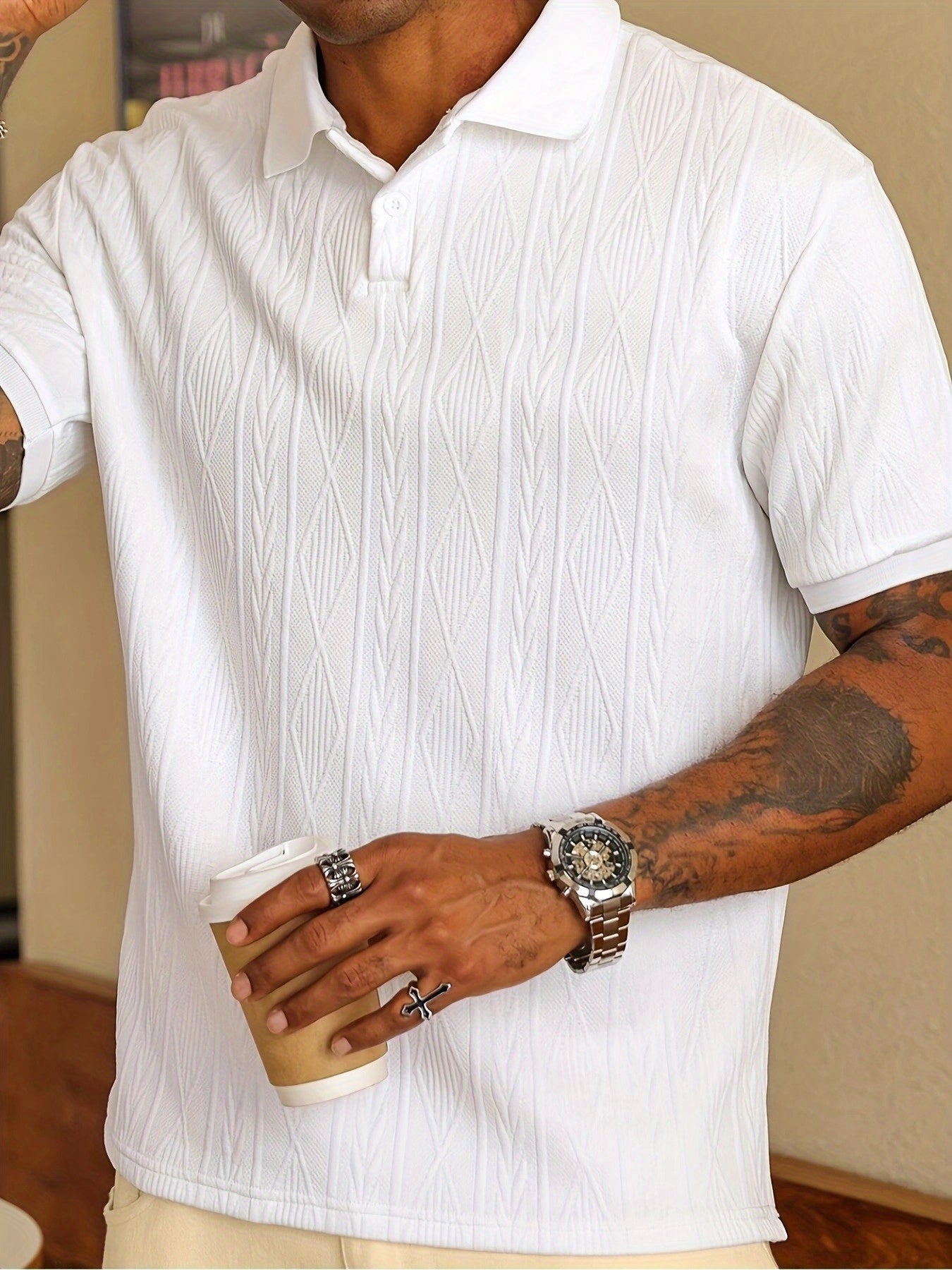 Men'S New Solid Color Top, Jacquard Design, Soft Fabric, Outdoor Casual Business Breathable Polo Shirt Golf Shirt, Suitable for Vacation and Business Occasions, Essential for Daily Leisure - ayq