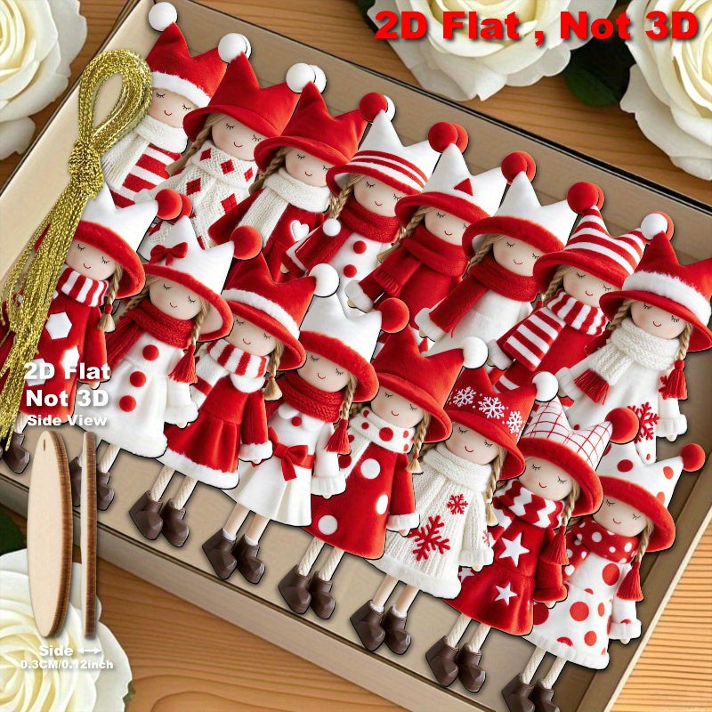 2D Flat, 16pcs Set of Classic Red and White Design Excellent Christmas Girl Doll Ornaments, Suitable for Thanksgiving, Halloween, and Christmas Celebrations, Perfect Holiday Gifts, New Year'S Day Decorations, Christmas Tree D