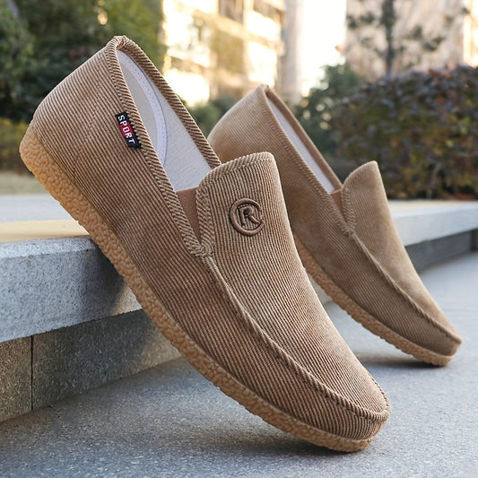Men's Fashion Loafers - Breathable Mesh Lining, Comfortable Non-Slip Casual Shoes for Walking & Driving - Ideal for All-Season Outdoor Activities & Daily Wear, Beige Corduroy Slip-Ons with Red Logo Detail, Walking Sneakers|Br