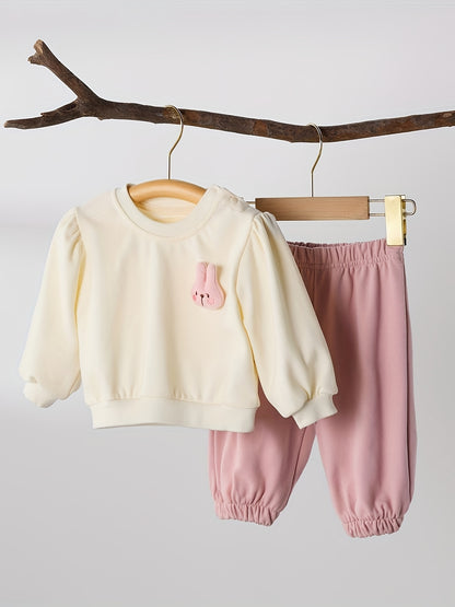 Baby Girl's Cotton Sweatshirt Set with Rabbit Ears for Spring/Fall