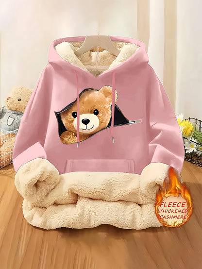 Women'S Plush Fleece-Lined Hooded Sweatshirt with Bear Print & Zipper Closure - Cozy Winter Warmth, / Color Block Design, Soft Fleece Fabric, Casual Pullover for Fall & Winter, Autumn Winter Apparel | Hooded Sweatshirt | Zipp