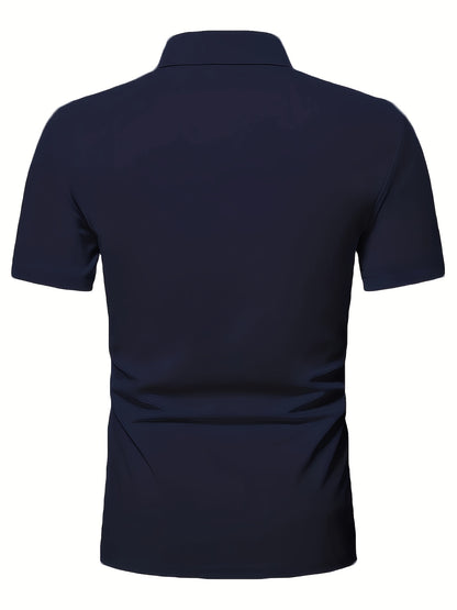 Men's Summer Classic Collar Half-Zip Casual T-Shirt - Solid Black, Breathable Regular Fit Short Sleeve Top for Casual Attire & Semi-Formal Occasions, Semiformal Attire | Halfzip Shirt | Smooth Fabric Finish