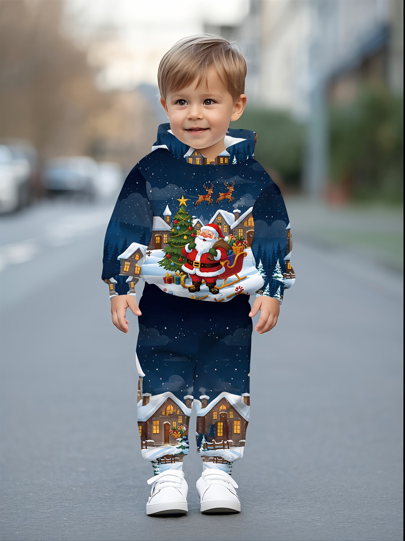 2pcs Boys' Christmas Set with Santa Claus & Winter Snowman Digital Print - Soft Hooded Sweater & Snow Pants Outfit, Cozy Long Sleeve Winter Clothes for to 12 Years, Machine Washable Festive Outfits for Xmas Parties & Casual A