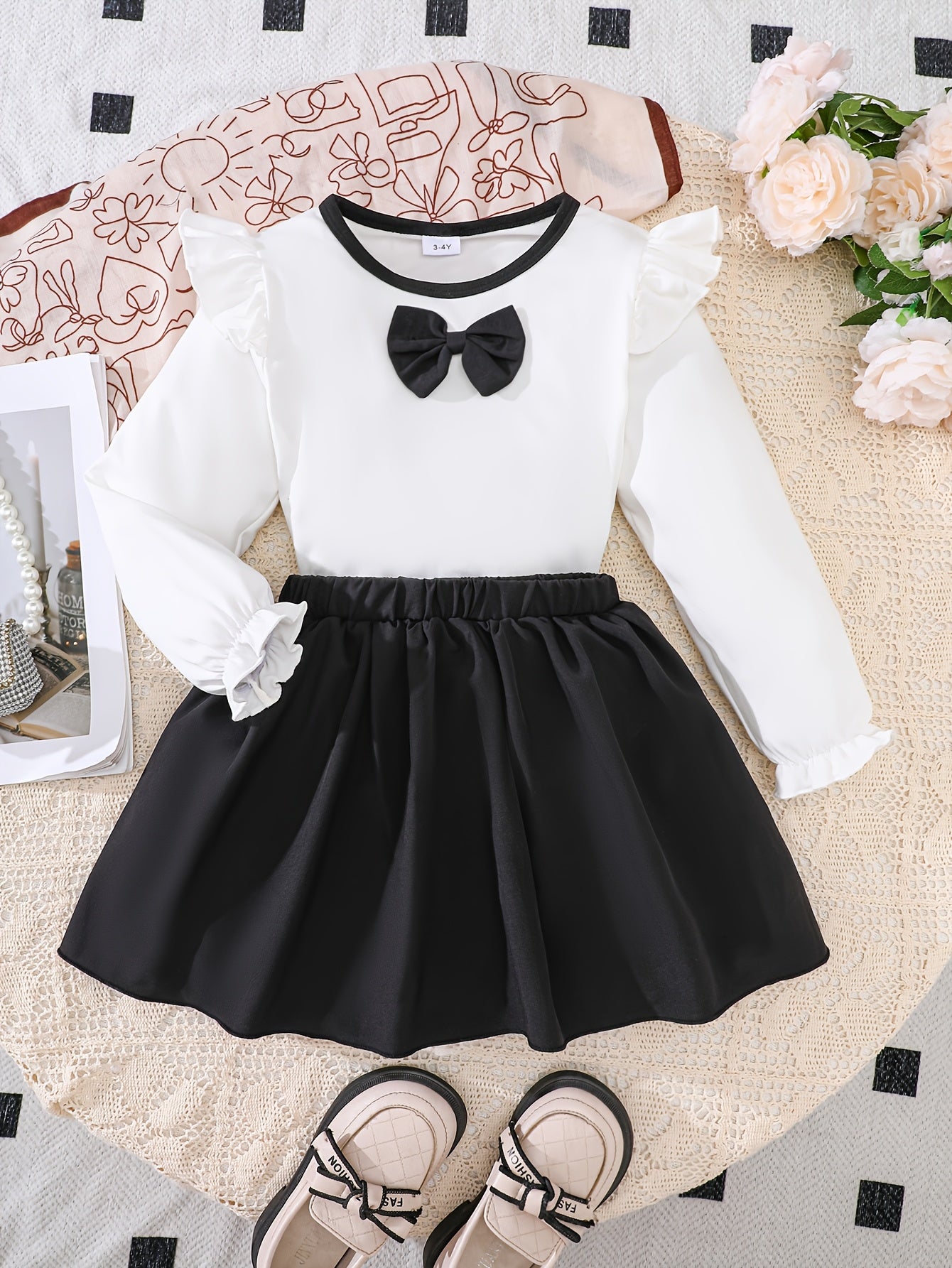 Girls' Cute Long Sleeve Top & Black Skirt Set with Bow Detail