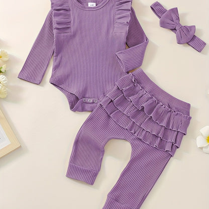 3pcs Baby Girl Outfit Set, Cute Ribbed Ruffle Long Sleeve Romper & Pants, 95% Cotton 5% Spandex, Crew Neck Pullovers, Solid Color, Regular Fit, No Belt, Fall/Winter Knit Fabric, 0-18 Months, for Outdoor