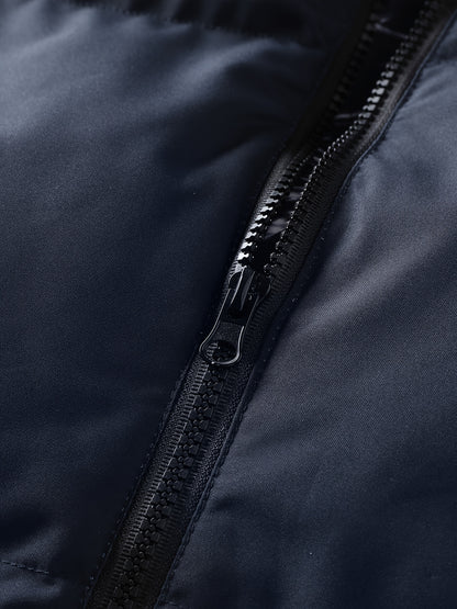 Men'S Heavyweight Winter Jacket - Full-Zip Hooded Coat with Stand Collar, Navy Blue Cold Weather Outerwear, Polyester Insulated Jacket for Everyday & Formal Events, Non-Stretch Fabric, Zipper Closure, Winter Coats, Formal Eve