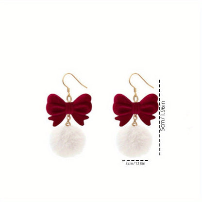 Copper Earrings Elegant Cute Red Flocking Bow White Furry Ball Design Dangle, for Winter, Christmas, Party, Gift-giving Occasion, Women
