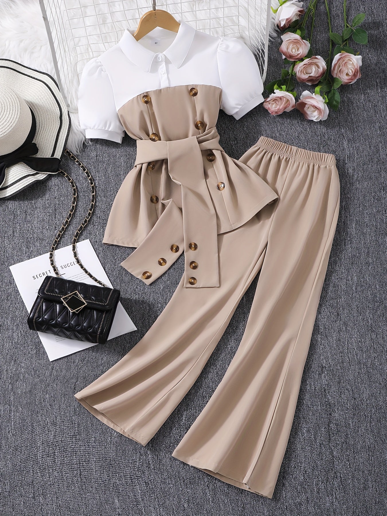 Girls' Slim Contrast Pants Set with Puff Sleeve Top for Spring