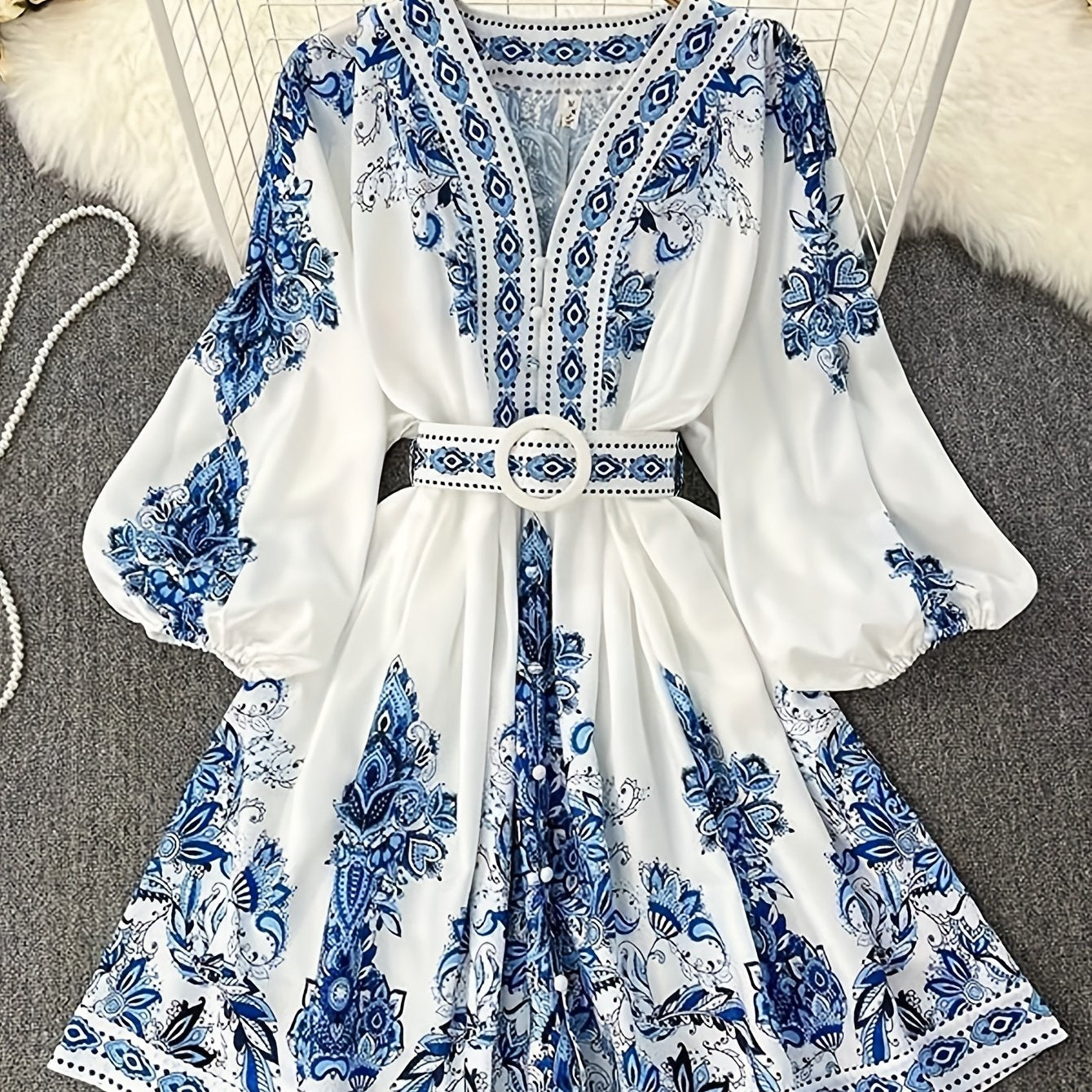 Holiday Cheer] Women's Bohemian Floral Print Half-Sleeve Midi Dress with Belt - V-Neck, Lightweight Polyester, Perfect for Summer Vacations, Casual Summer Wear|Print Casual Dress|Lightweight Dress, Holiday Dress