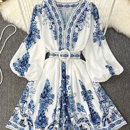 Holiday Cheer] Women's Bohemian Floral Print Half-Sleeve Midi Dress with Belt - V-Neck, Lightweight Polyester, Perfect for Summer Vacations, Casual Summer Wear|Print Casual Dress|Lightweight Dress, Holiday Dress