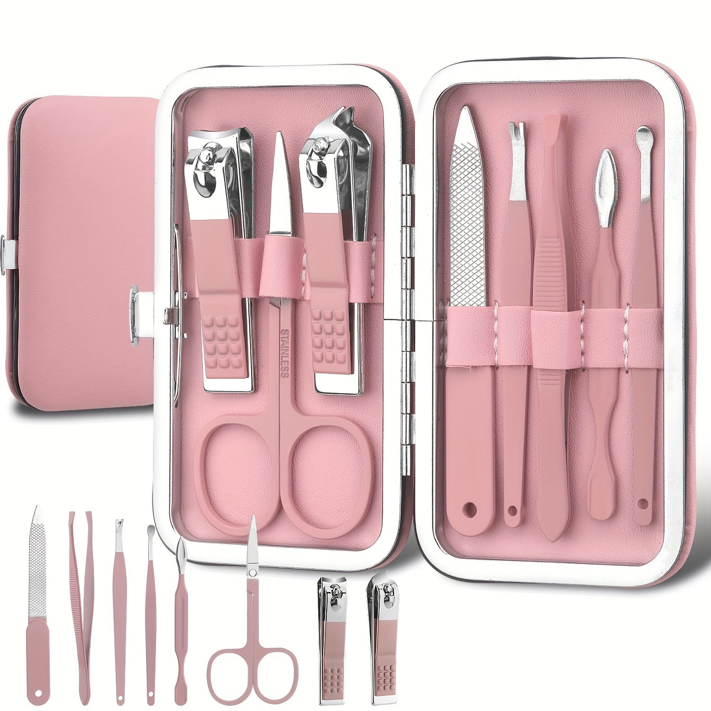 Nail Clippers And Beauty Tool Portable Set, Rose Golden Martensitic Stainless Steel Manicure Set 8 In 1, With Pink Leather Bag, Suitable For Home, Workplace, Outdoor Travel, Gift Giving, Salon