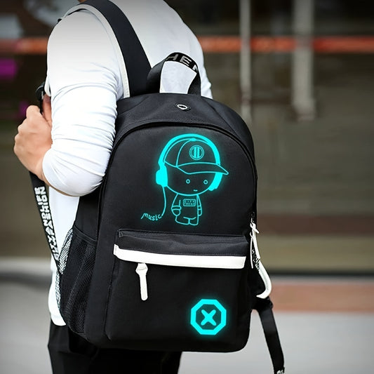 Glow-in-the-Dark Men's Backpack - Stylish & Lightweight, Large Capacity Oxford Fabric Daypack with USB Charging Port for Daily Commute, Campus, Cartoon, High School