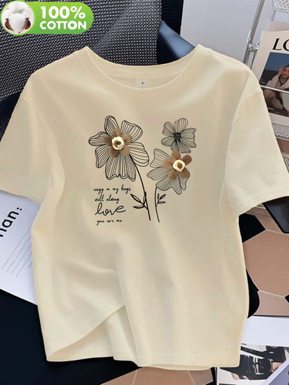 Women's 100% Cotton Casual Crew Neck T-Shirt with Floral Print