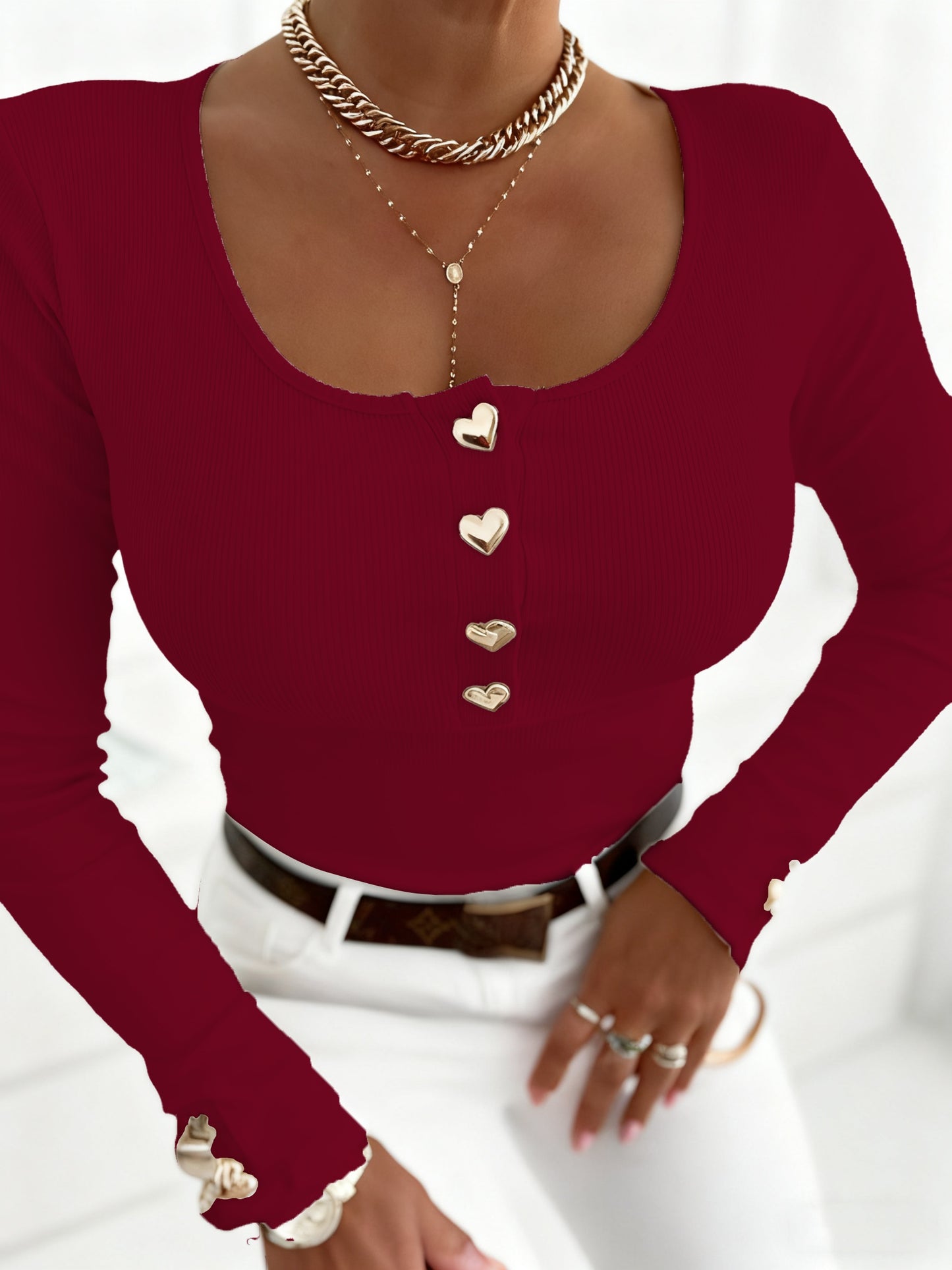 Cute, Personality, Square Neck Ribbed Tank Top with Golden Buttons, Long Sleeve + Crop Cut, Slim Fit to Show Clavicle, Stylish for Inner and Outer Wear, Versatile for Daily Commute