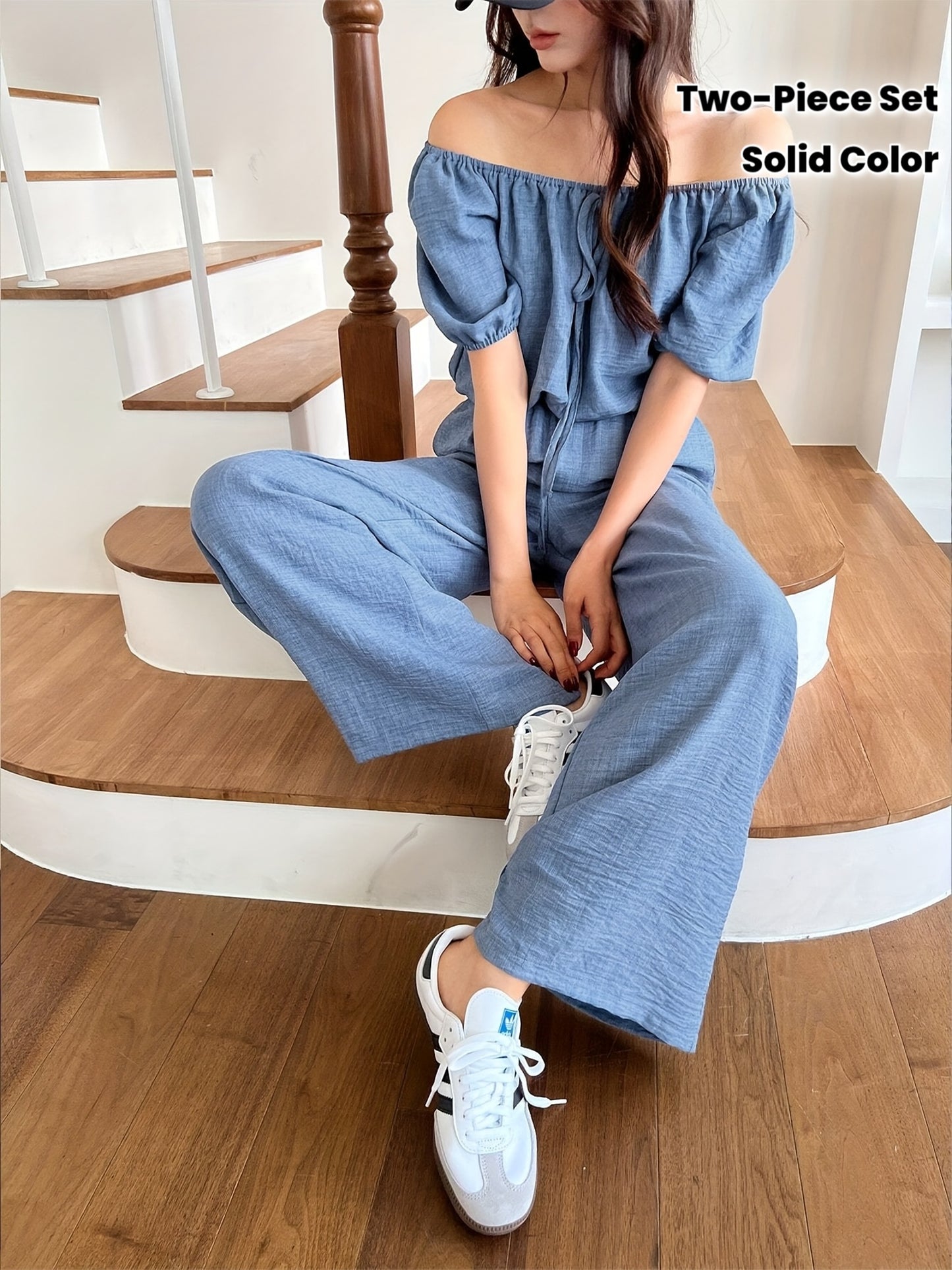 Women's Summer Solid Color Off-Shoulder Puff Sleeve Crop Top and Loose Wide-Leg Pants Two-Piece Set - ayq