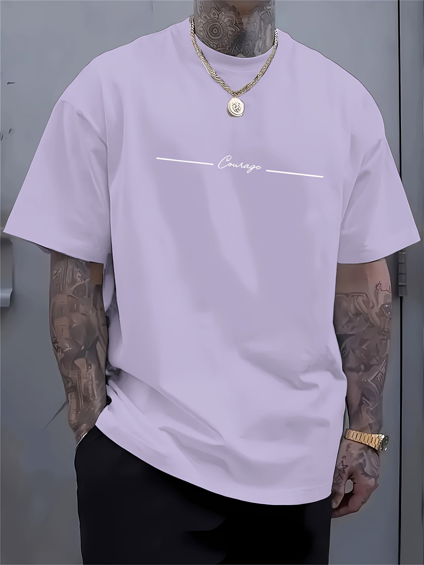 Men'S Casual Crew Neck T-Shirt with Trendy English Print, 95% Polyester 5% Elastane, Slight Stretch Knit Fabric, Regular Fit, Summer Wear - MBDMBD