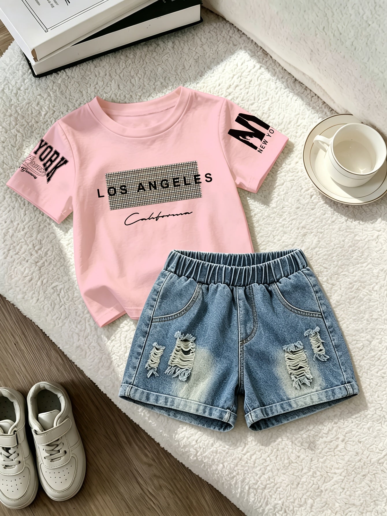 Summer Boys Los Angeles Print T-Shirt & Distressed Shorts Set