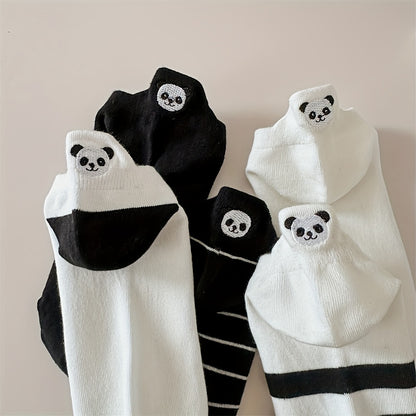 Women's Cotton Ankle-Length Socks 5-Pair Set with Panda Embroidery, Breathable Moisture-Wicking Knit, Anti-Odor, Seamless Toe, Stretch Spandex Blend - Size 200 Needle Count