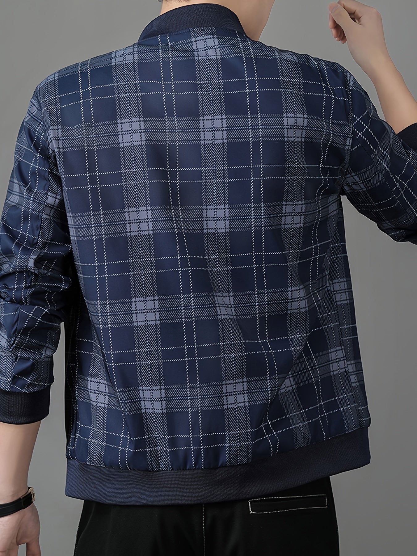 Men's Lightweight Baseball Jacket - Navy Blue & Black Plaid Zip-Up Coat, Non-Stretch Fabric for Formal & Casual Outfits - Spring/Fall Outerwear Jacket, Outdoor Wear, Classic Collar, Quality Stitching, Stylish Coat, Fashioncon