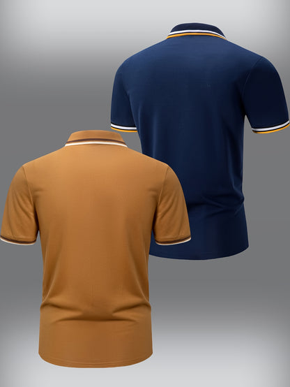 2 հատ տղամարդու կարճաթև վերնաշապիկներ կոնտրաստ օձիքներով - թեթև պոլիեսթեր, պաստել կապույտ և վարդագույն, շրջադարձային օձիքով, կոճակներով փակվող, սովորական, ամենօրյա և գործնական հագուստ, իդեալական ամառային կամ նվերների համար, կարճ թև վերնաշապիկներ