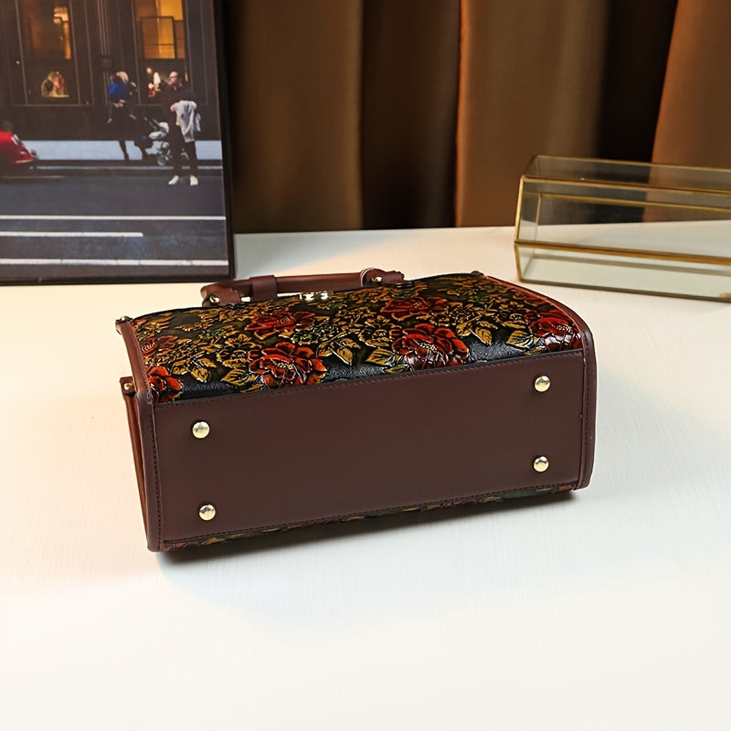 Vintage Floral PU Handbag for Women with Zipper Closure