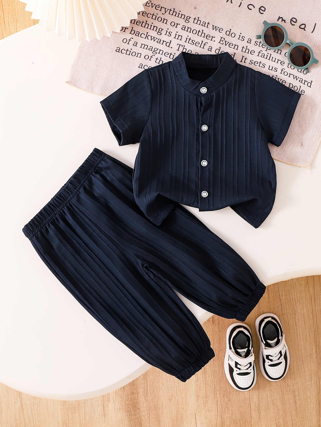 Boys' Navy Blue Plaid Casual Outfit Set for Spring Summer