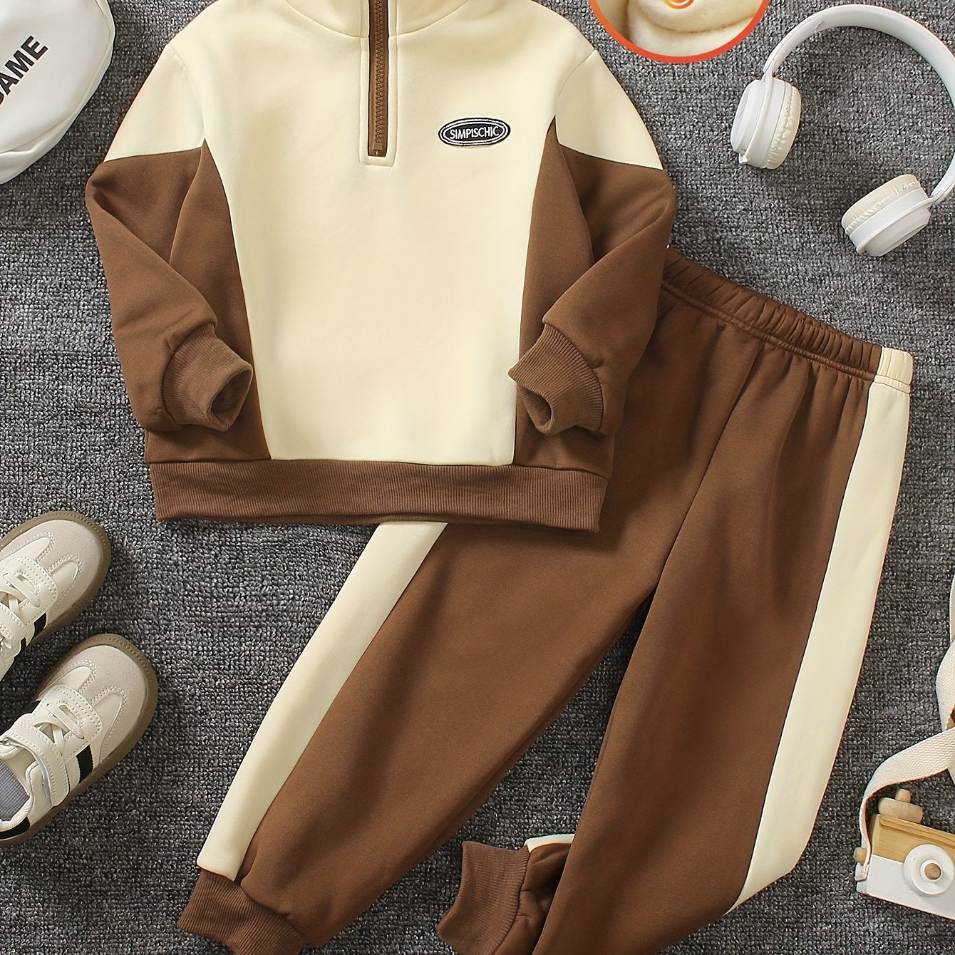 2pcs Set: Young Boys' Autumn/Winter -Lined Sweatshirt and Pants Set, Including a Stand Collar Half-Zip Contrast Long Sleeve Sweatshirt and Elastic Waist Contrast Pants, Very Casual, Comfortable, and Simple, Perfect for Outdoo