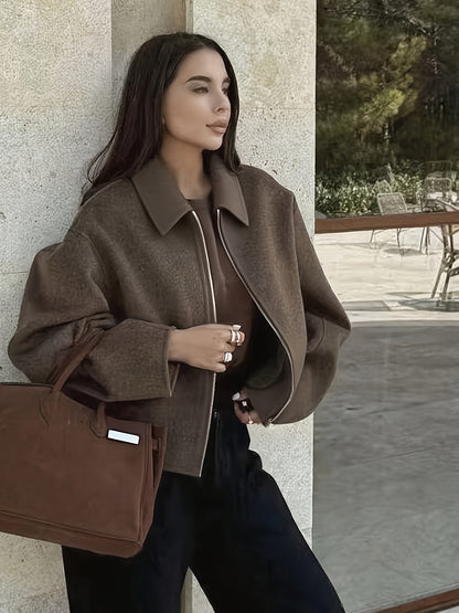 Women'S Short Casual Jacket - Elegant Lapel Collar Windbreaker Coat, All-Season Chic Outerwear for Everyday & Formal Events, Machine Washable H-Silhouette Jacket, Cute Jacket, Versatile Layering Piece, Easy-Care Blend