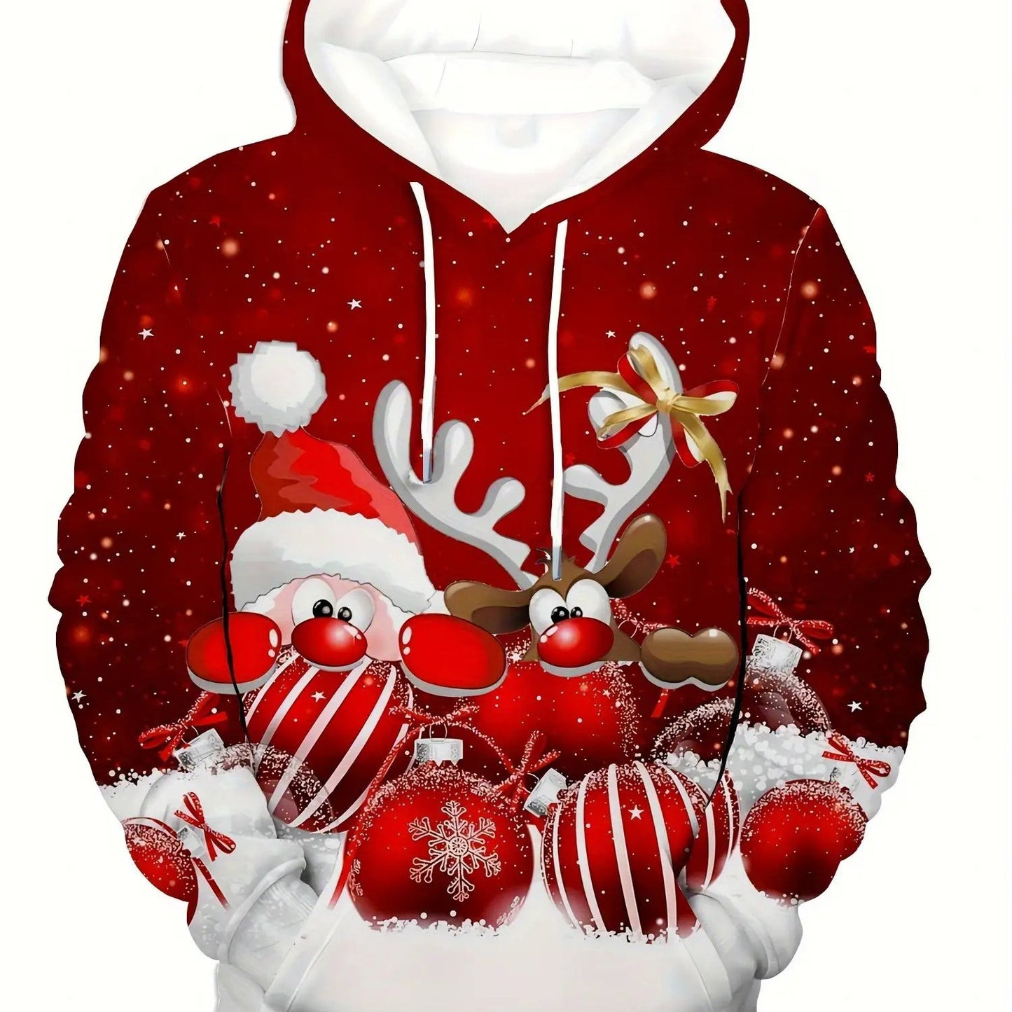 Men's Plus Size Christmas Hooded Sweatshirt - Oversized Fleece-Lined Pullover with Reindeer & Snowflake Print, Red/Green Winter Warm Hoodie, Machine Washable Cozy Holiday Sweater for Parties & Casual Wear (Elf & Candy Cane Po
