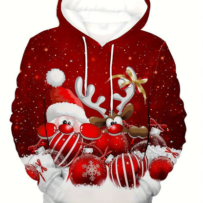 Men's Plus Size Christmas Hooded Sweatshirt - Oversized Fleece-Lined Pullover with Reindeer & Snowflake Print, Red/Green Winter Warm Hoodie, Machine Washable Cozy Holiday Sweater for Parties & Casual Wear (Elf & Candy Cane Po