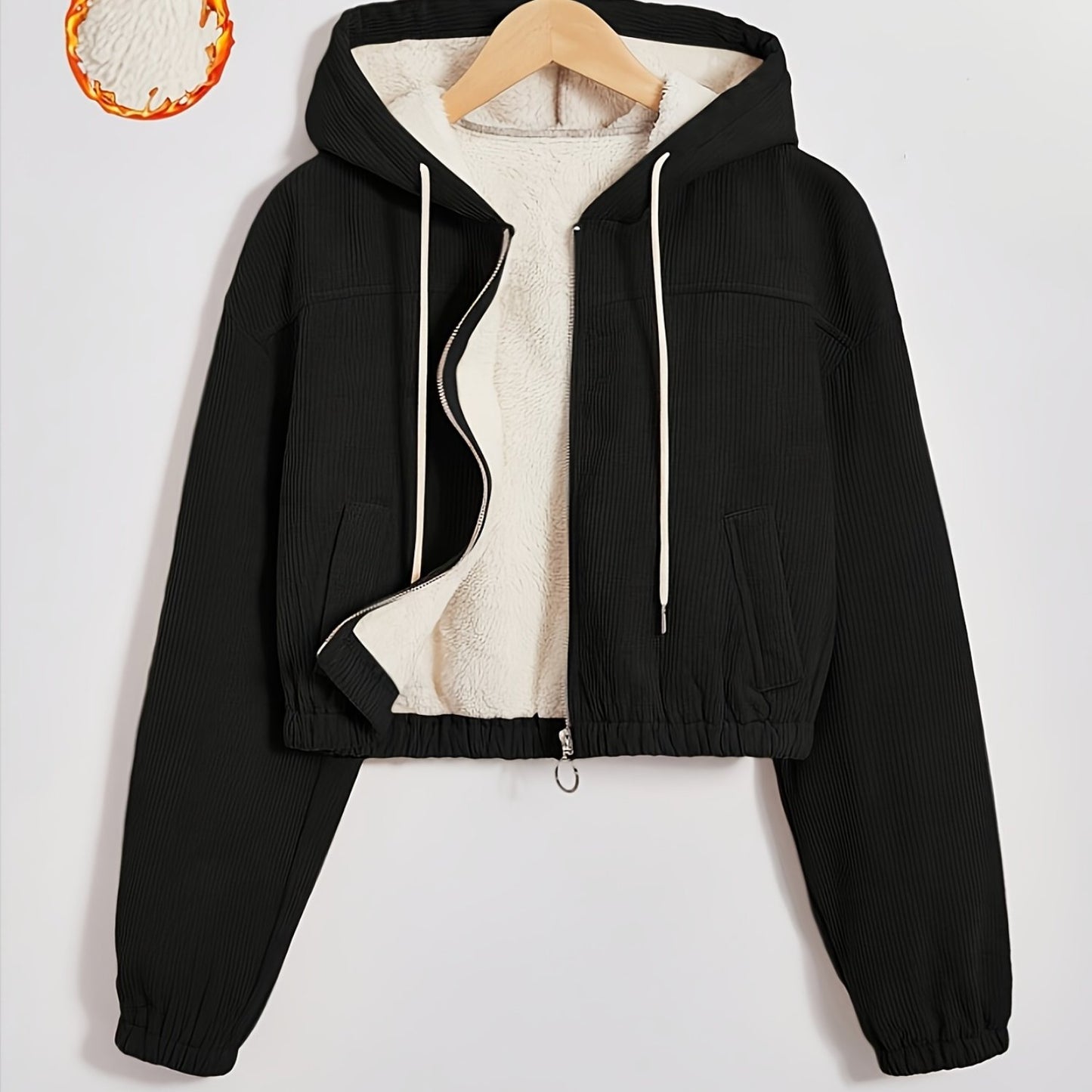 Կանացի սև գլխարկով բաճկոն՝ բրդյա աստառով - Ձմեռային վերարկու՝ ամբողջական կայծակաճարմանդով, առջևի ամբողջական կայծակաճարմանդով փակվող, կայծակաճարմանդով գրպաններ, լվացքի մեքենայով լվացվող արտաքին պատյան