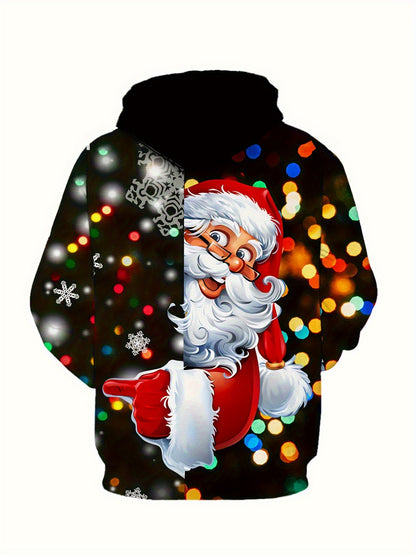 Plus Size Men's Funny Christmas Hoodie- Festive Santa Claus& Snowflake Print, Red& White Holiday Sweatshirt with Pockets, Casual Long Sleeve Pullover for Fall& Winter, Perfect Christmas Gift, Christmas Clothes, PLUS SIZE