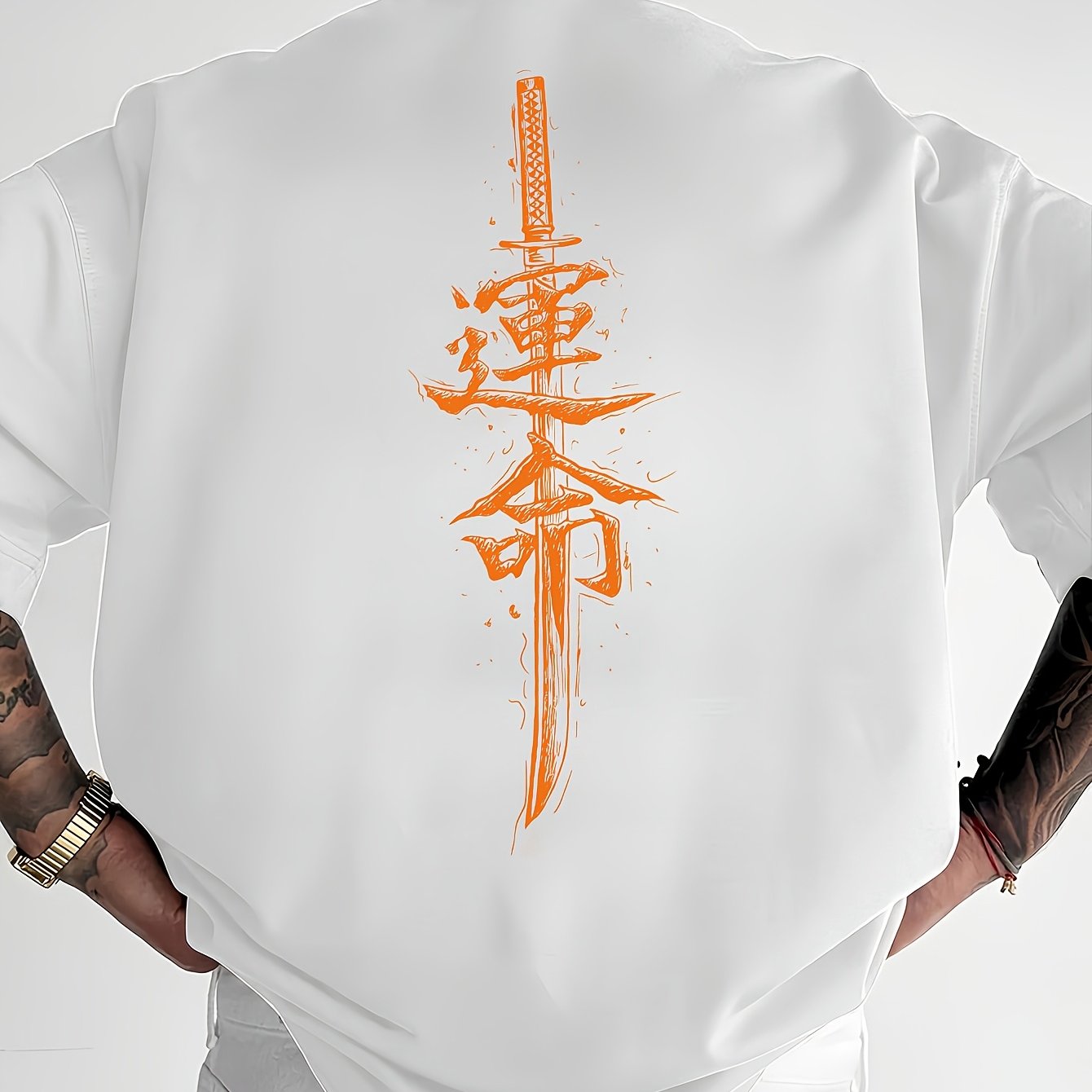 Men'S Japanese Samurai Sword Graphic T-Shirt - Casual Loose Fit Crew Neck, Short Sleeve Tee with Red Stylized Japanese Katanas Design, Breathable Polyester for Spring  Summer Outdoor Wear