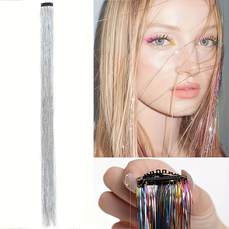 60.96cm Glitter Hair Tinsel Extensions Clips - Heat-Resistant Shiny Fairy Hair Accessories for Women, Vibrant Multicolor Strands, Perfect for Christmas Gifts & All Ages, Festive Hairpiece, Festive Hairpiece | Vibrant Hairpiec