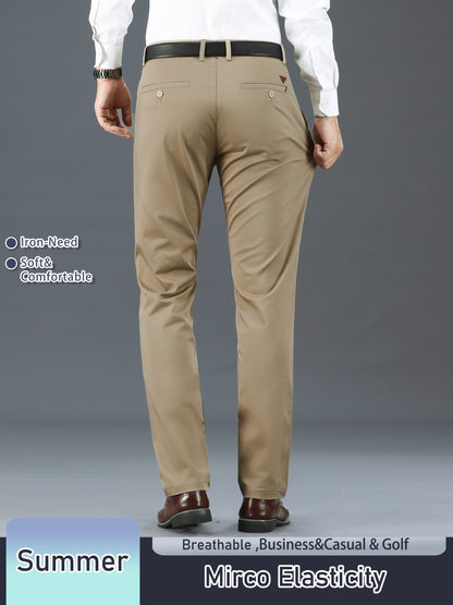 Men's Solid Color Straight Leg Business Style Cotton Blend Pants, Casual Comfy Breathable Outdoor Trousers As Gift
