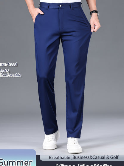 Men's Solid Color Straight Leg Business Style Cotton Blend Pants, Casual Comfy Breathable Outdoor Trousers As Gift
