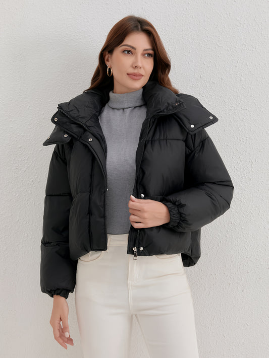Women'S Lightweight Hooded Jacket - Warm Winter Coat with Full-Zip Closure, Stand Collar, Outer Shell - Easy-Care Cold Weather Outerwear for Everyday & Formal, Winter Jacket, Casual Winter Wear, Highneck Design, Durable Winte
