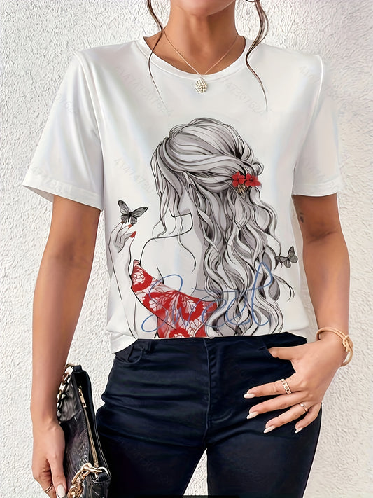 Women'S Casual Summer T-Shirt with Vibrant Floral Print, Short Sleeve Round Neck Tee, Lightweight Polyester Fabric, Black Pants & Accessories, Butterfly Design, Butterfly Shirt