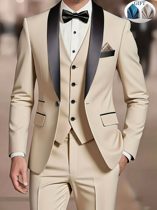Men's Slim-Fit Notch Lapel 3-Piece Suit with Vest and Pants - ayq