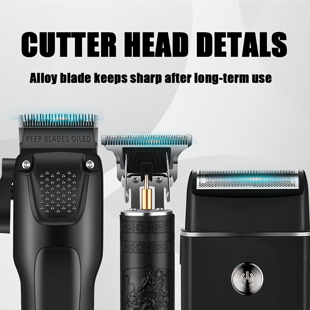 3pcs Men'S Professional Hair & Beard Grooming Kit - Cordless Clippers with LED Display, Precision Trimmer Set, USB Rechargeable, for Home Use, Perfect Holiday Gift - ayq