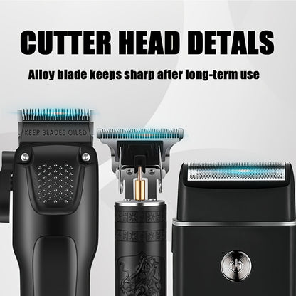 3pcs Men'S Professional Hair & Beard Grooming Kit - Cordless Clippers with LED Display, Precision Trimmer Set, USB Rechargeable, for Home Use, Perfect Holiday Gift - ayq