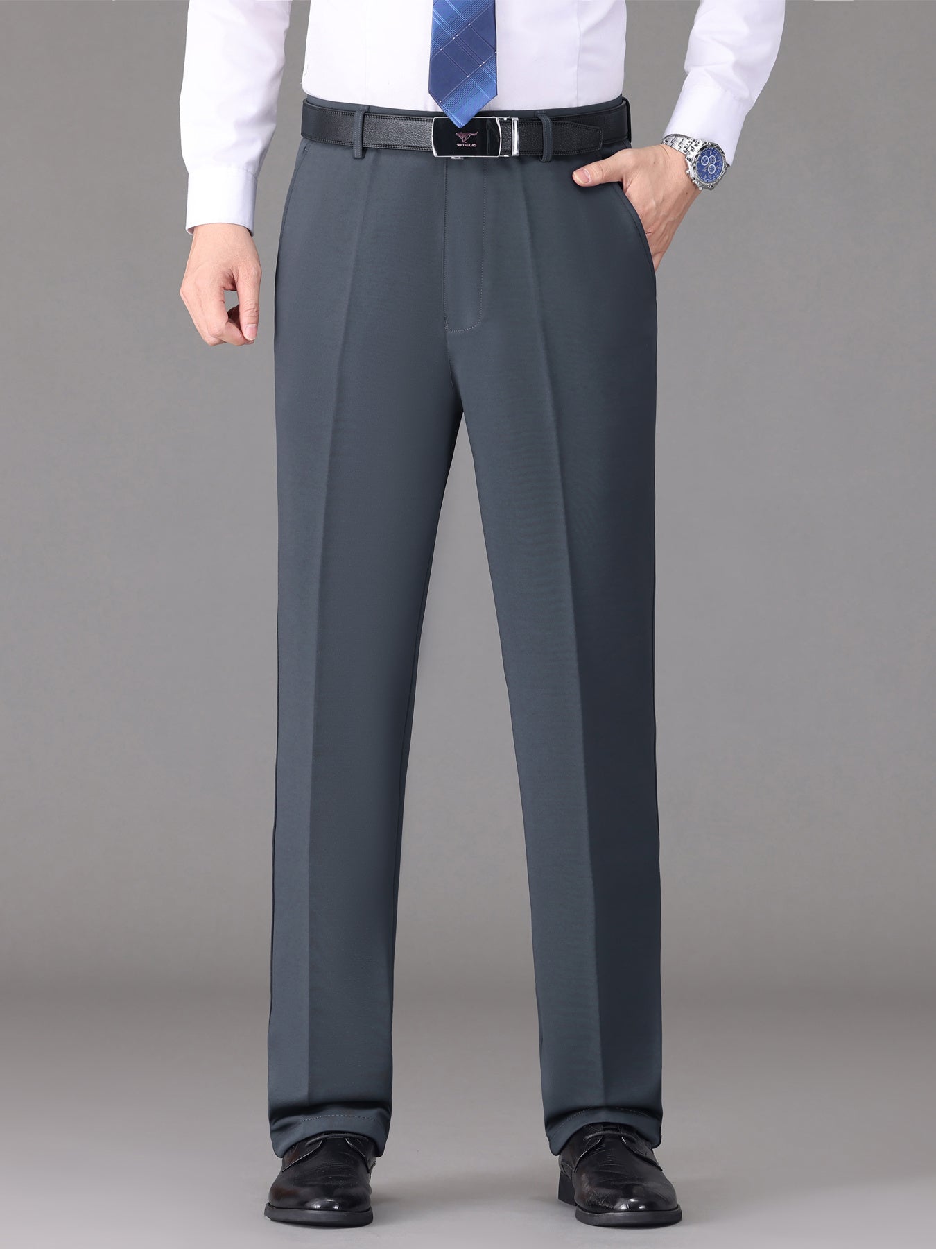 [Lightweight Design] Men's High-Waist Stretch Dress Pants - Wrinkle-Resistant, Dark Blue Business Casual with Pockets, Straight Leg Fit for Spring/Fall