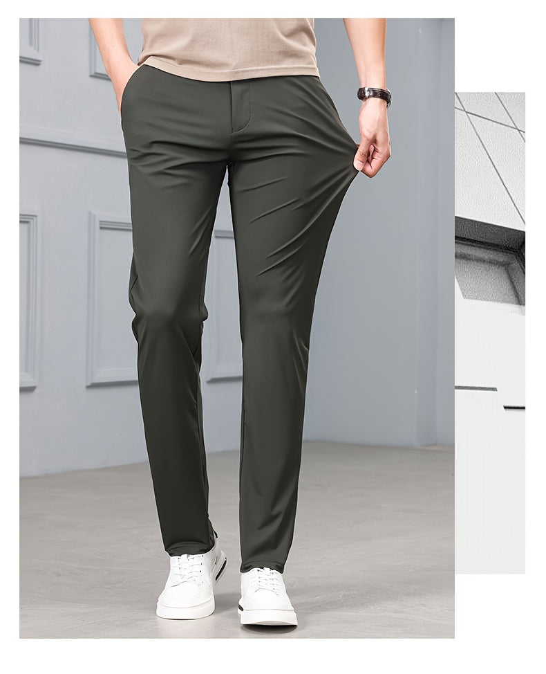 Men's Slim-Fit Stretch Casual Pants with Multiple Pockets - Waterproof, UV Protection, Light Gray, Straight Leg, Nylon Blend for Spring/Fall, Button Closure, Comfortable & Stylish Design, Everyday Comfort Pants | Modern Casua