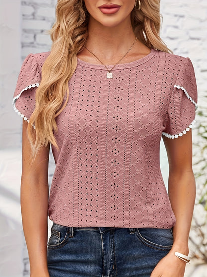 Women'S Elegant Blouse - Soft Pink Round Neck T-Shirt with Floral-like eyelet details, Breathable Loose Fit Top for Casual & Formal Outfits - Everyday Summer Shirt for Women, Ladies T Shirts, Versatile Clothing, Feminine Styl