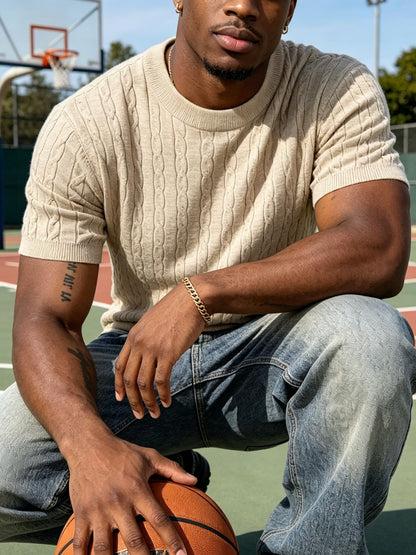 Men's Classic Cable Knit Crew Neck T-Shirt for Summer