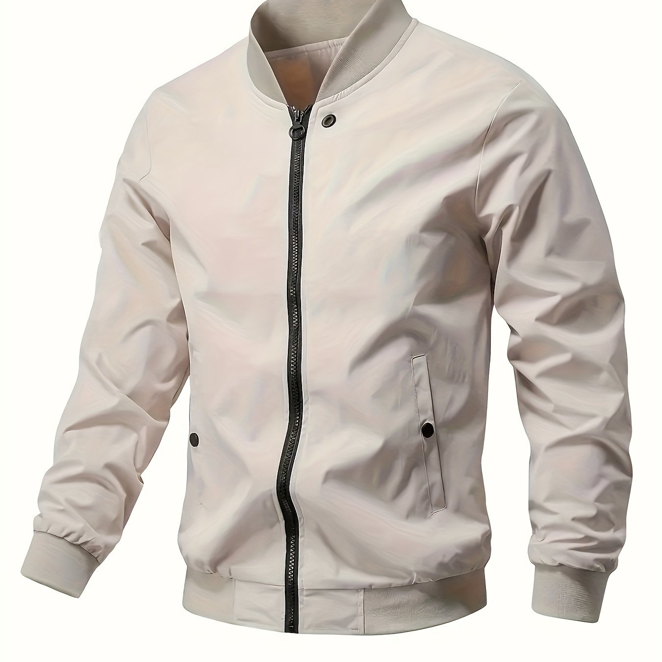 1pc Men'S Casual Stand Collar Bomber Jacket, Solid Color Long Sleeve Non-Stretch Woven Acetate with Pockets, Polyester Lined Zip-Up Lightweight Outerwear for Spring/Fall