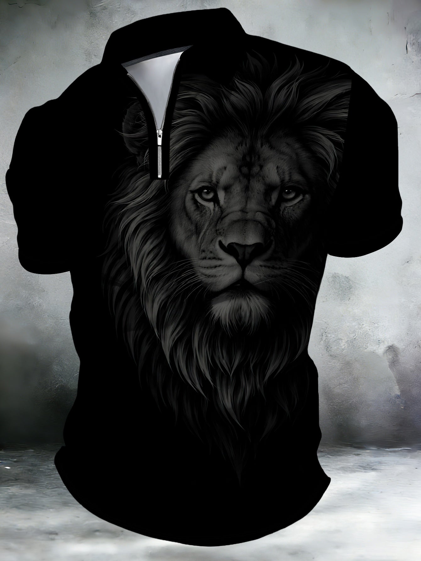 Men's Zip Shirt Short Sleeve Summer Trendy Lion Print Collar T-Shirt Business Casual Slim Fit Men's Top Women's Clothing - ayq