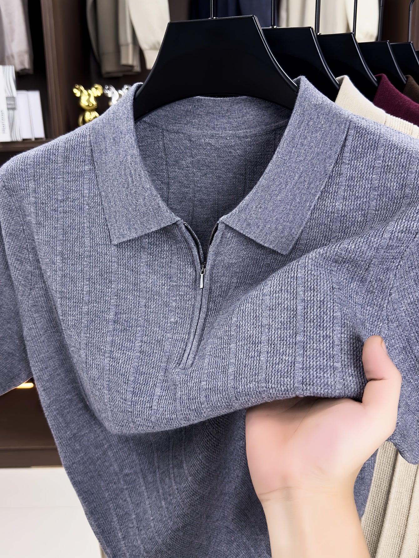 Men's Spring/Fall Knit Polo Shirt with Half-Zip Lapel