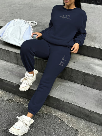 Women's Fleece Sweatsuit Set with Heart Print for Fall/Winter - ayq